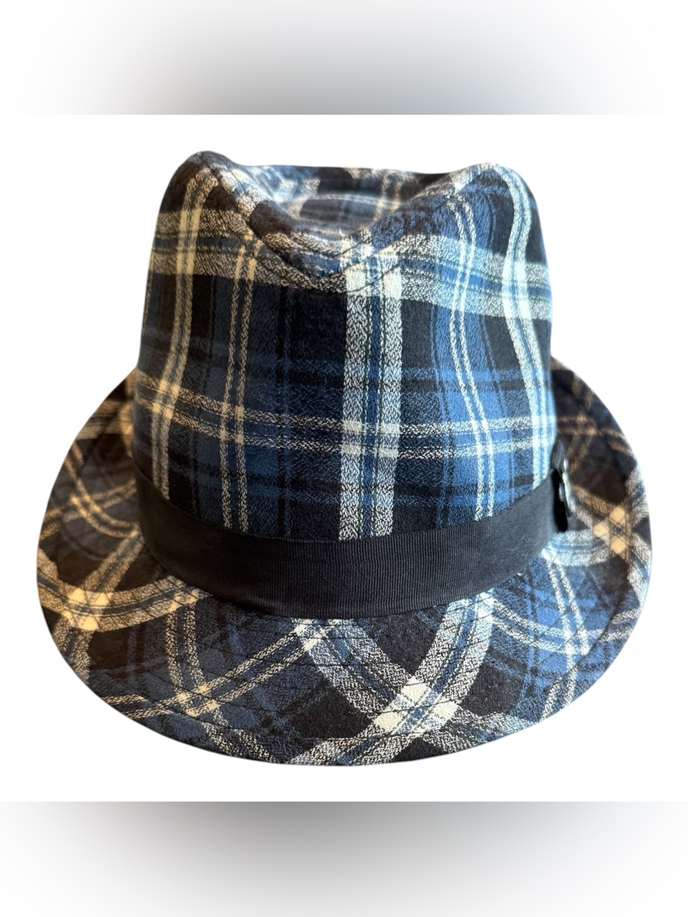 Kenny K Women’s Blue Plaid Fedora Hat with Black Band